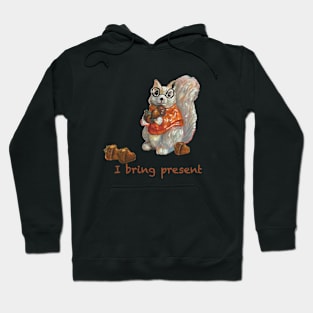 Humorous squirrel holding acorn saying “I bring present” Hoodie